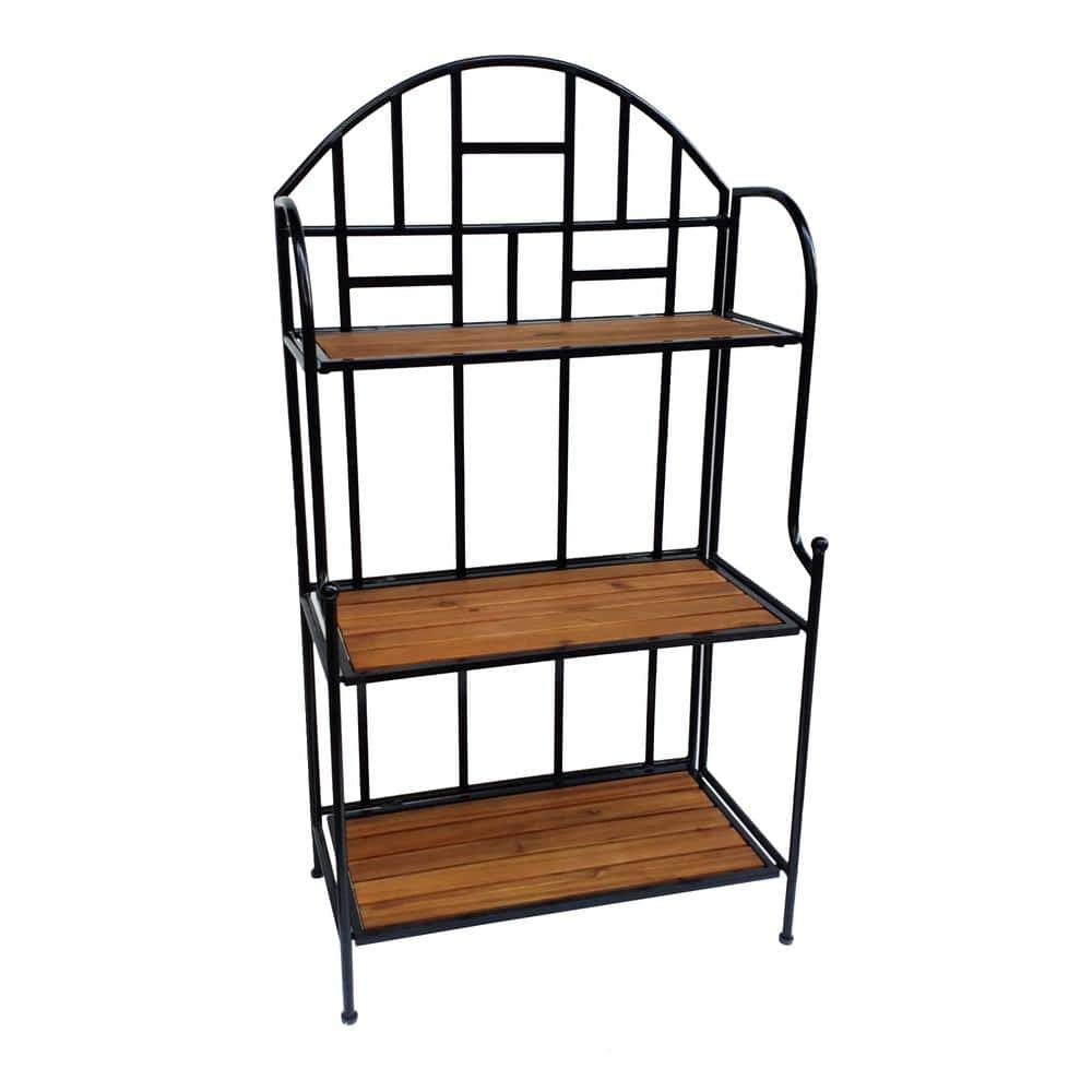 TK CLASSICS 3-Tier Outdoor Folding Metal Plant Stand with Acacia Shelves PS78063-QK691