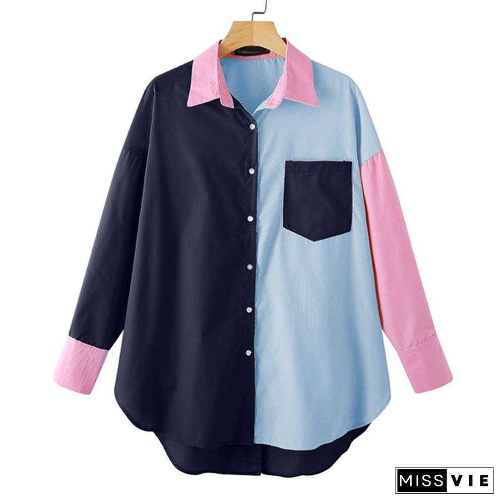 Plus Size Laides Summer Patchwork Lapel Collar Long Sleeve Blouse Casual Elegant Loose Party Tops Shirt S-5XL Chemise