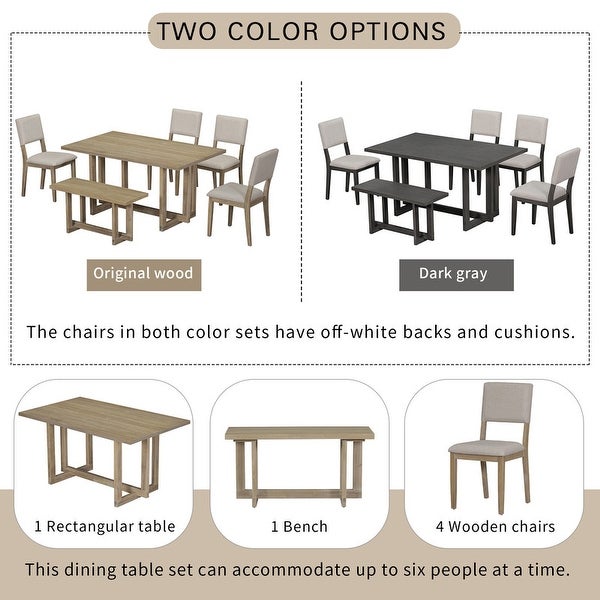 Wooden six-piece dining table H-shaped support design Dining table four chairs upholstered one wooden stool