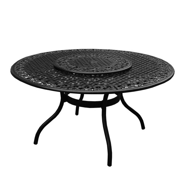 Modern Ornate Outdoor Mesh Aluminum 59in Large Round Patio Dining Set with Lazy Susan and Six Chairs