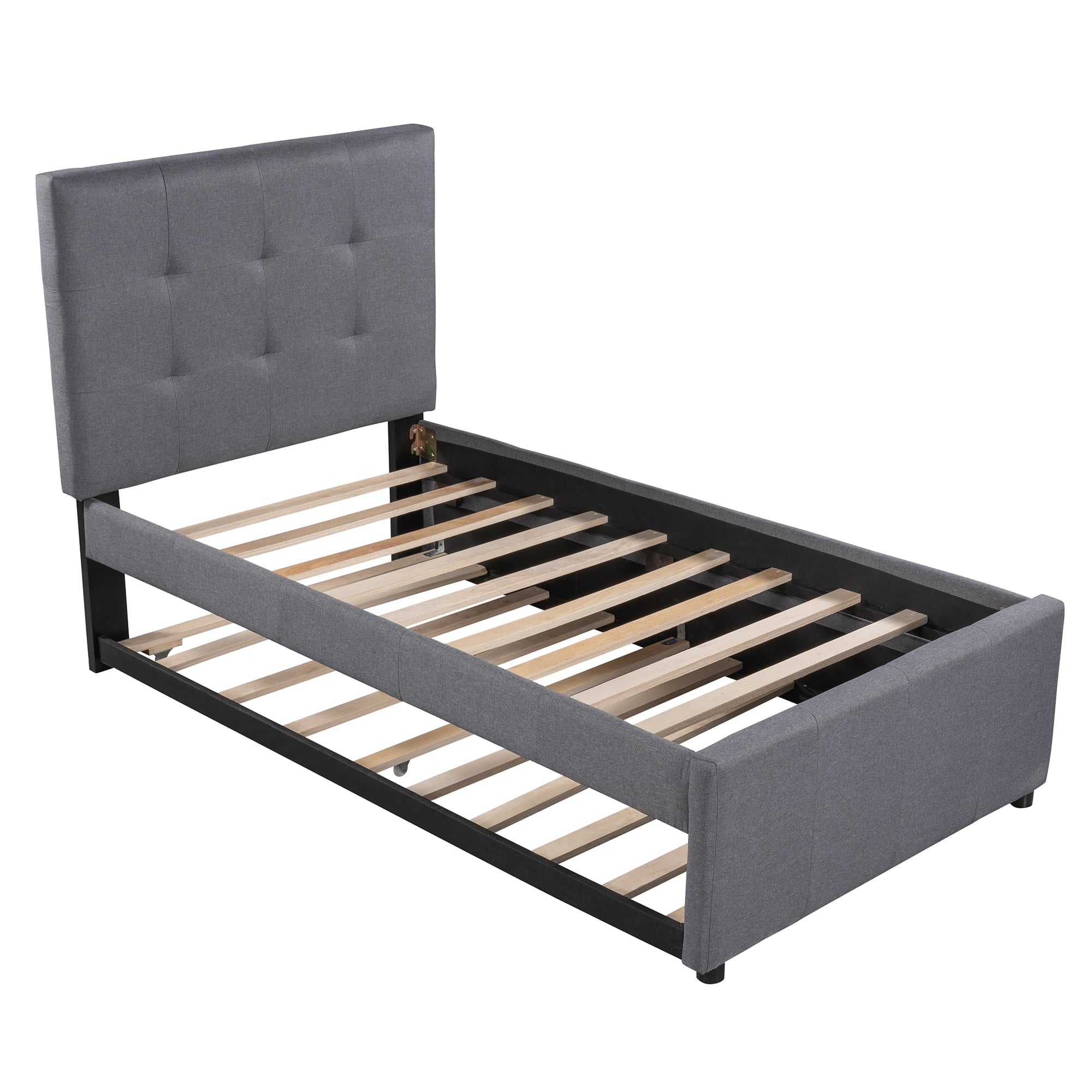 Euroco Twin Size Upholstered Platform Bed with Trundle for Kids, Gray