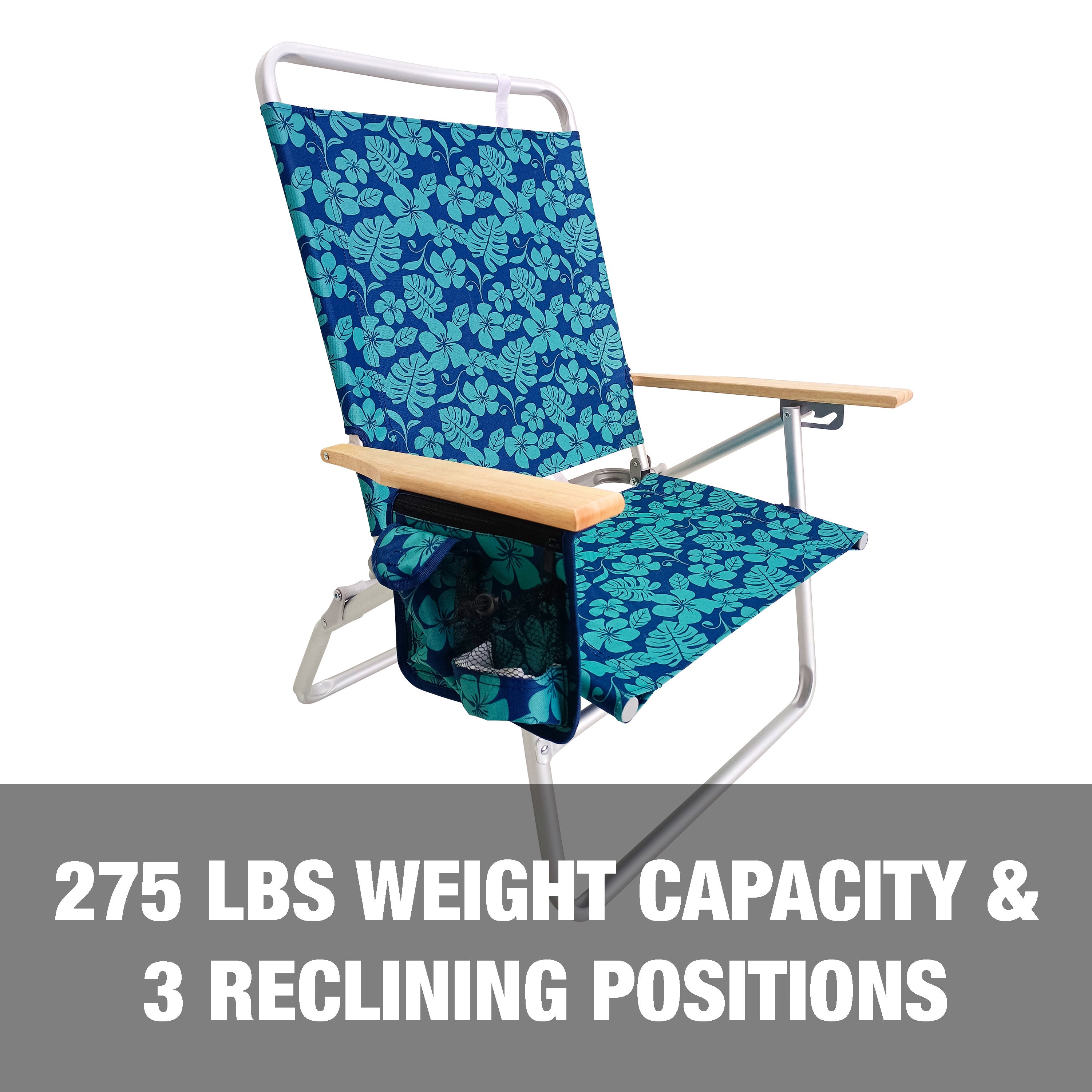 Bliss Hammocks Foldable Beach Chair Side Pocket and Storage Pouch， 3 Reclining Positions， 275 lb. Capacity (Blue Flowers)