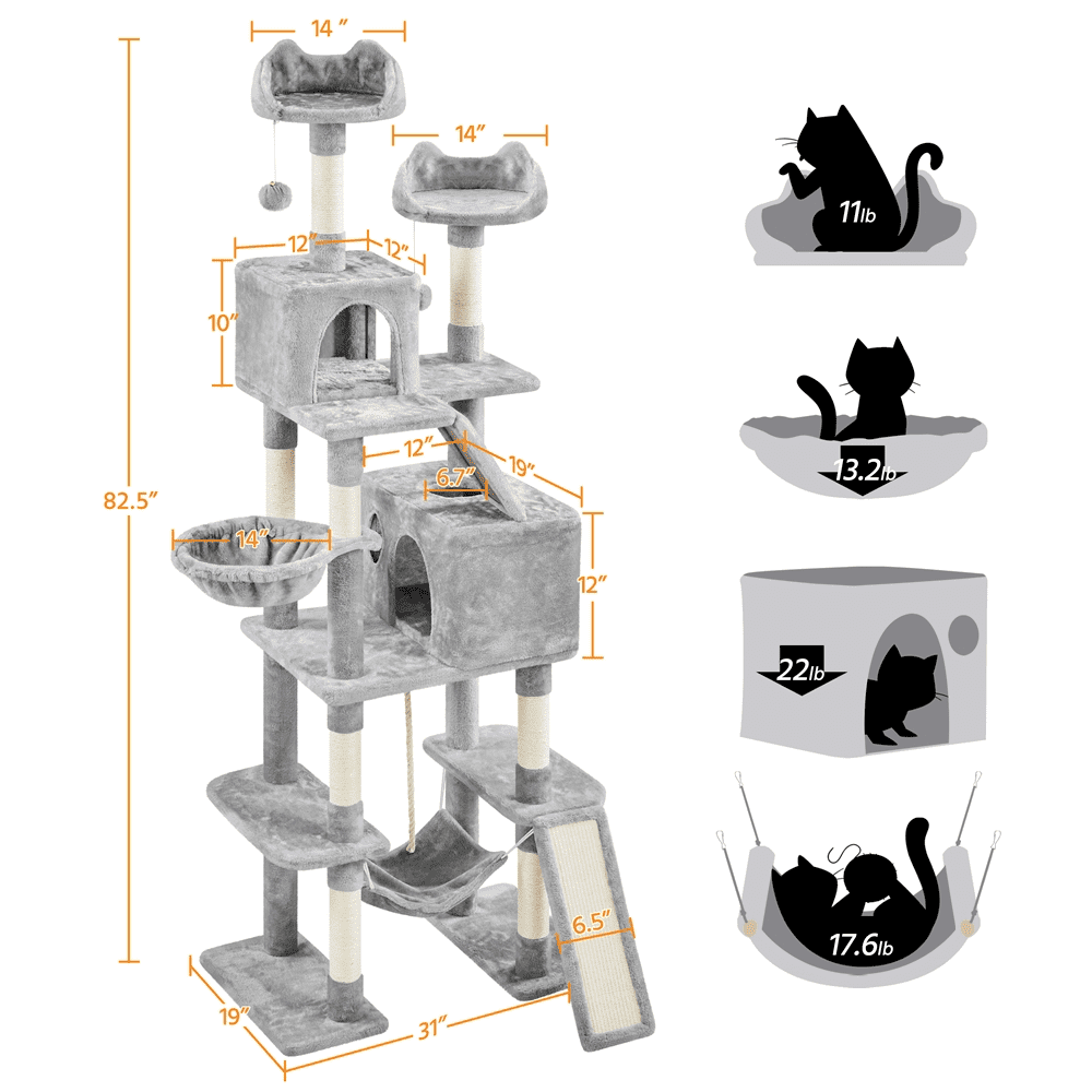 SMILE MART 82.5″ H Multi Level Large Cat Tree with 2 Cozy Condos for Indoor Small/Medium Cats, Light Gray