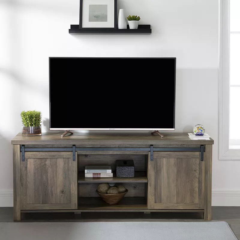 FC Design 58W Farmhouse Sliding Barn Door TV Stand for TVs up to 65 Inches