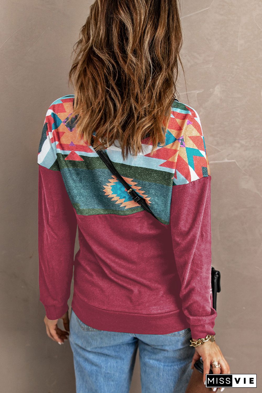 Aztec Print Atop Rosy Pullover Sweatshirt