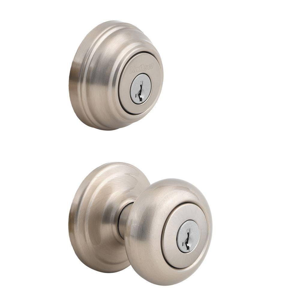 Kwikset Juno Satin Nickel Exterior Entry Door Knob and Single Cylinder Deadbolt Combo Pack Featuring SmartKey Security 99910-034