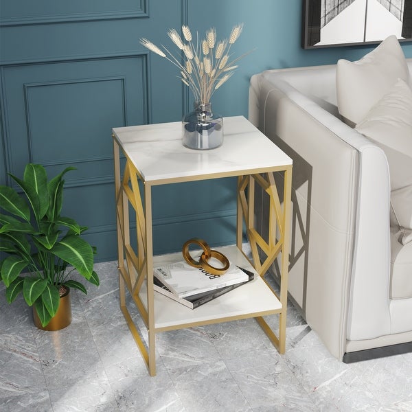 Metal Geometric-Base 2-Tier Marble End Table