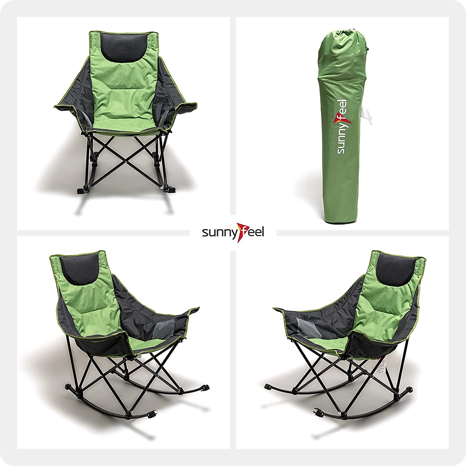 Sunnyfeel Camping Rocking Chair for Adults, Luxury Padded Recliner, Oversized Folding Rocker Lawn Chair (Green)