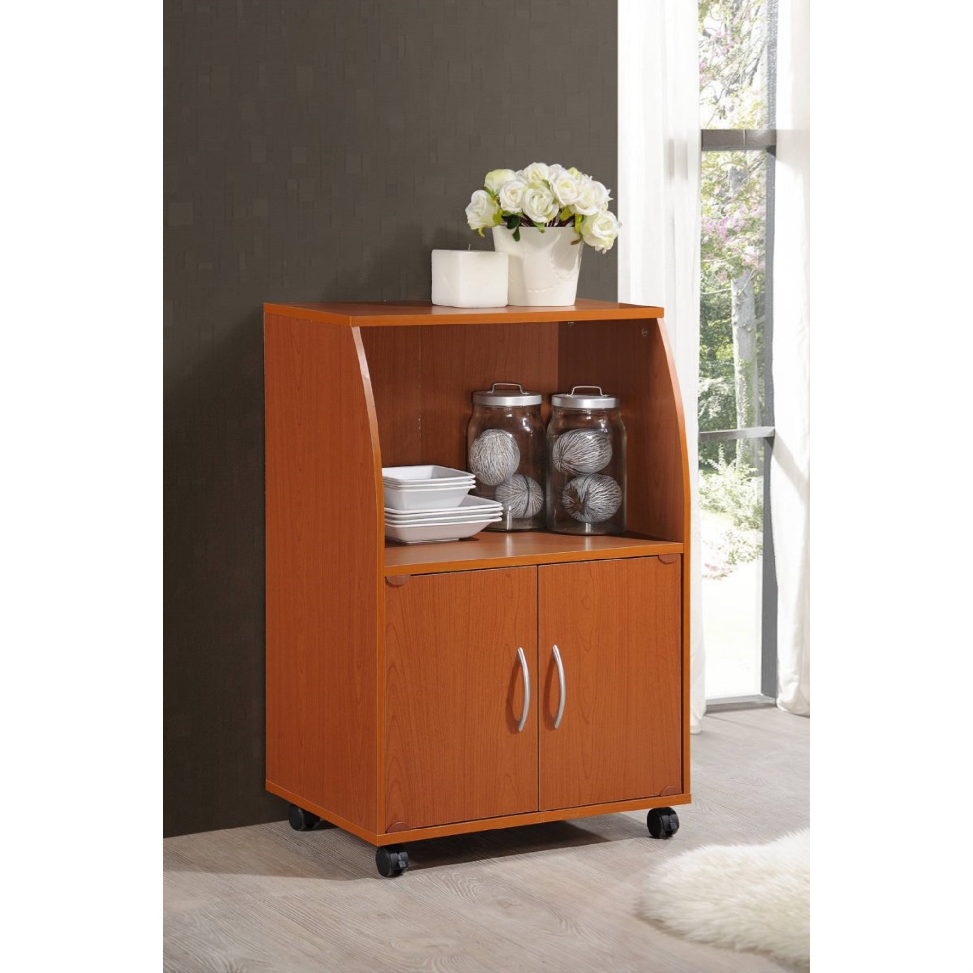 Hodedah Kitchen Cart in Cherry， Wood