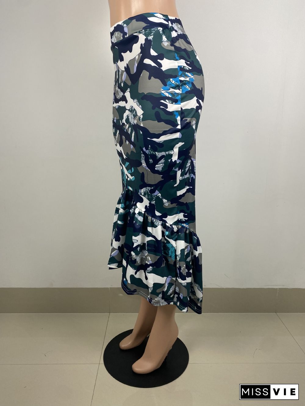 Camouflage Print Ruffles Mid Waist Skirt