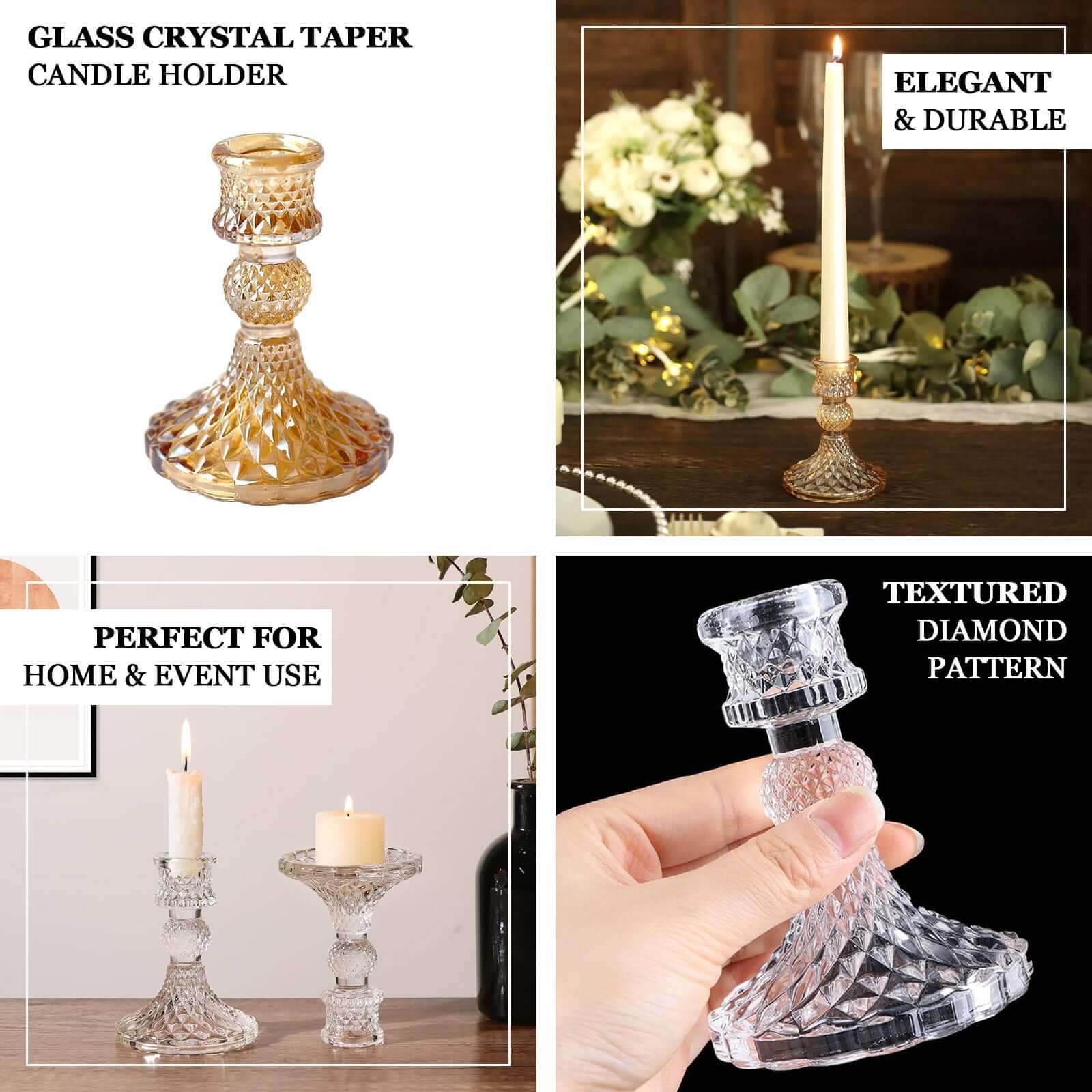 6 Pack Amber Gold Glass Diamond Pattern Taper Candlestick Holders, Reversible Crystal Pillar Votive Candle Stands 4