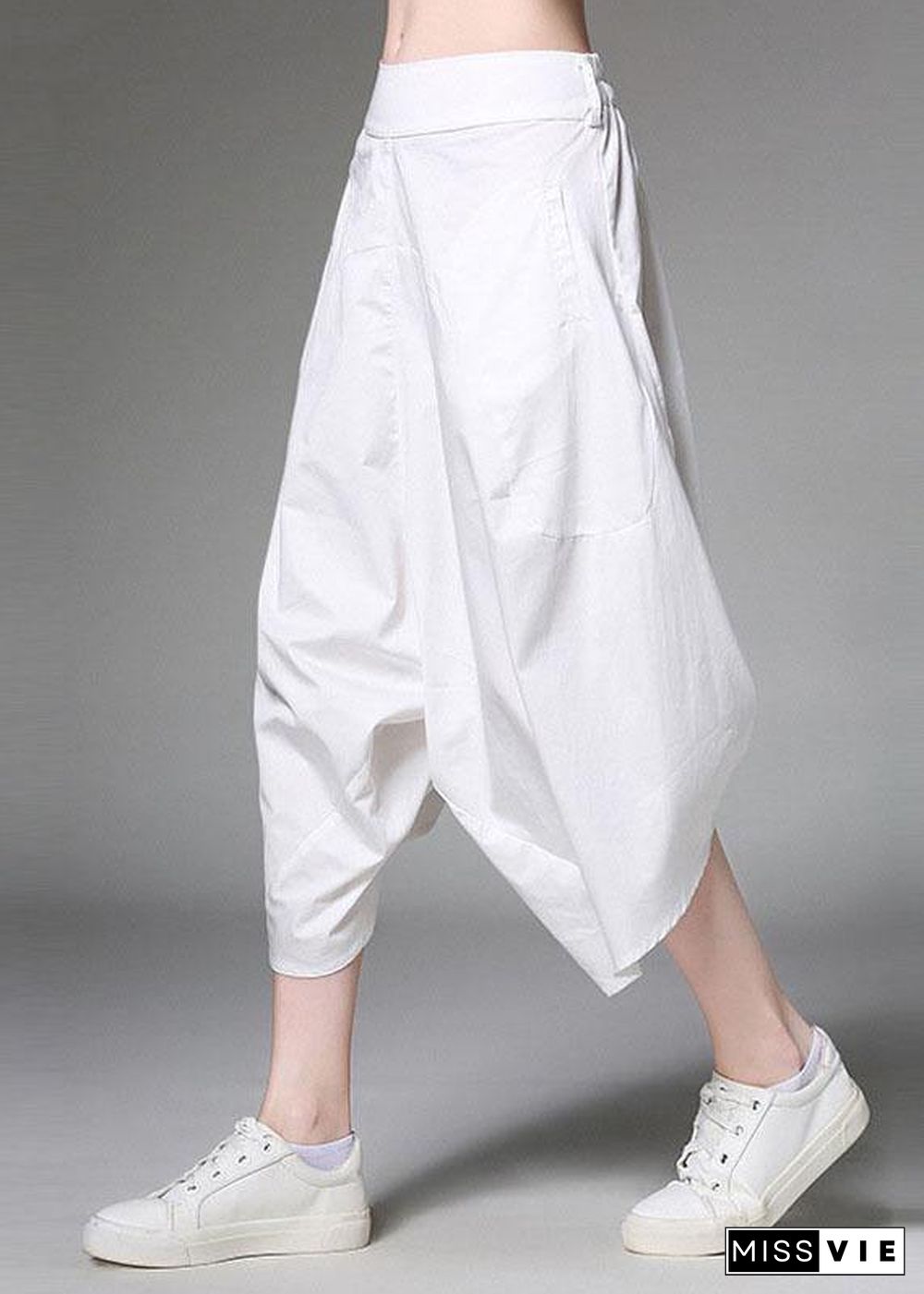 Plus Size White Pockets Patchwork Cotton Casual Harem Pants