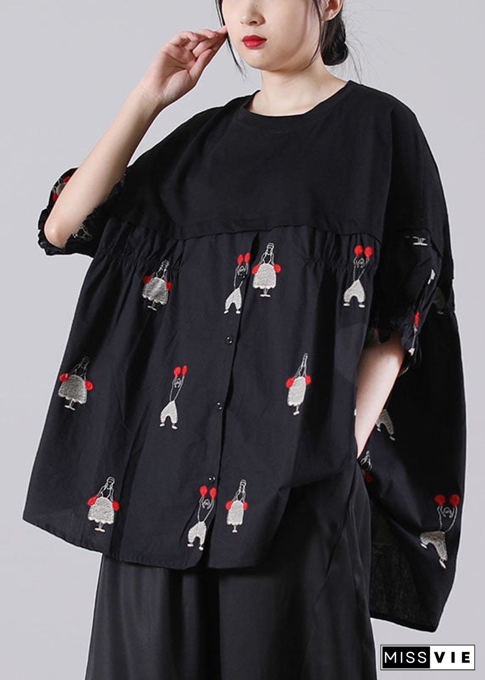 Casual Black O-Neck Embroideried Patchwork Cotton Shirts Short Sleeve