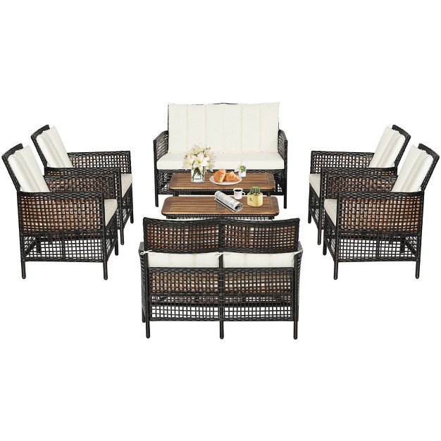 Tangkula 8pcs Cushioned Patio Pe Wicker Conversation Furniture Set W Acacia Wood Tabletop