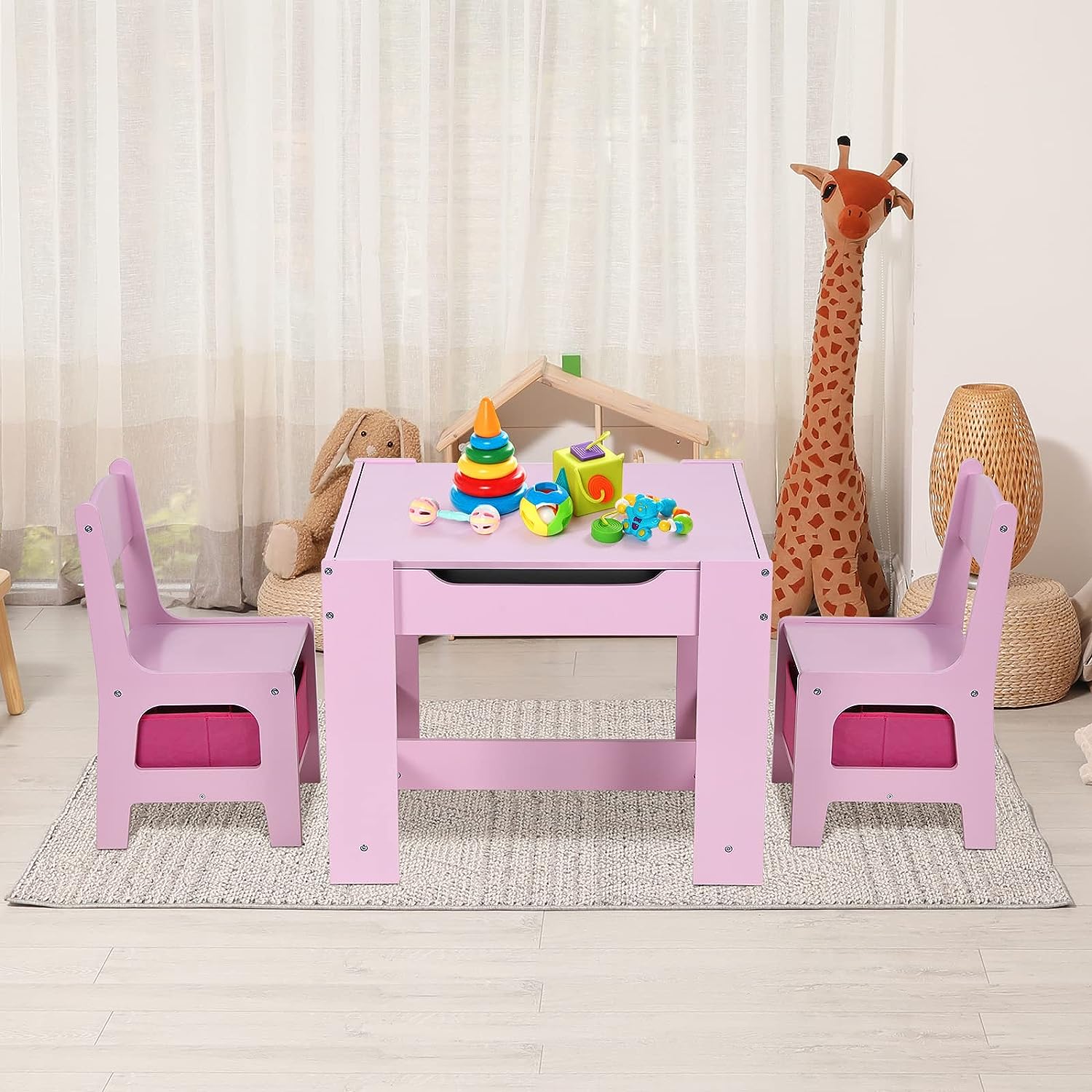 Kids Table and Chairs Set with Storage Drawers, Drawing Black Board Desk