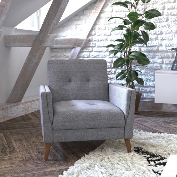 Conrad Mid-Century Modern Commercial Grade Armchair with Tufted Faux Linen Upholstery and Solid Wood Legs in Slate Gray