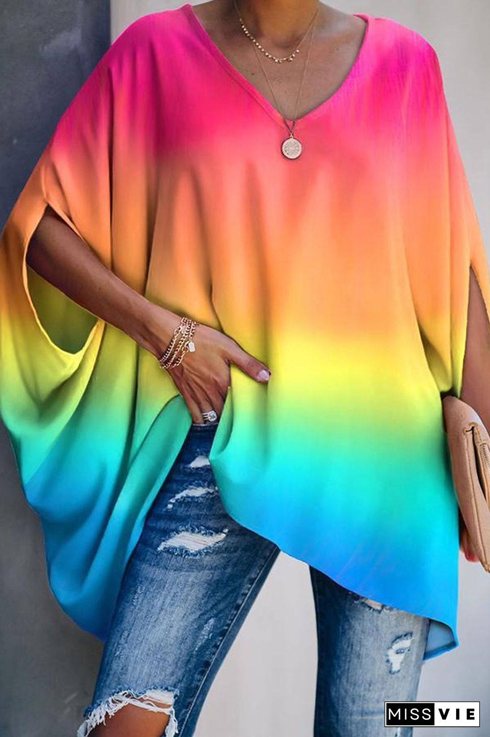 Tie-dye Gradient Batwing Sleeve T-shirt P15977