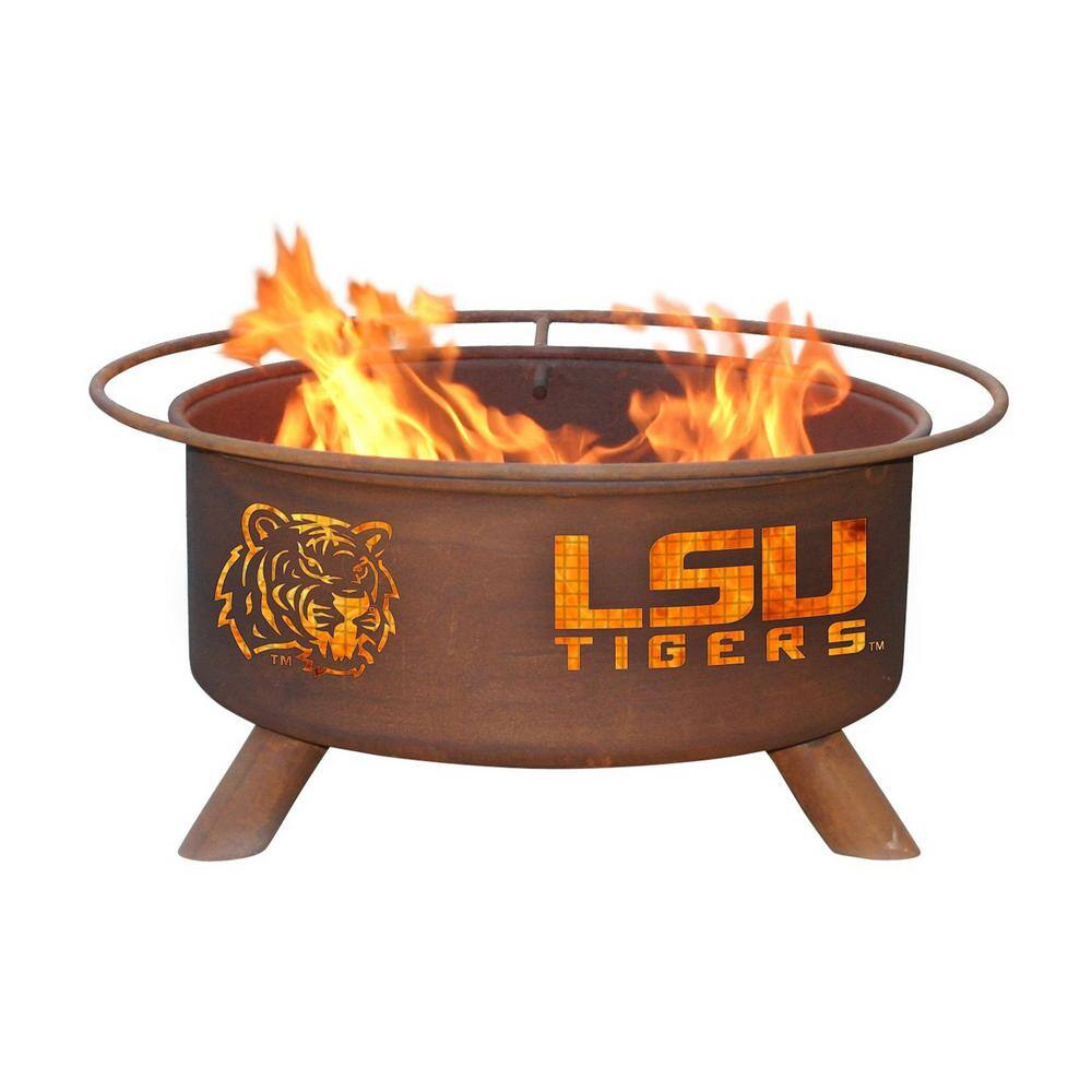 LSU 29 in. x 18 in. Round Steel Wood Burning Fire Pit in Rust with Grill Poker Spark Screen and Cover F221