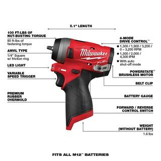 MW M12 FUEL 12V Lithium-Ion Brushless Cordless Stubby 38 in. and 12 in. Impact Wrenches with two 3.0 Ah Batteries 2554-20-2555-20-48-11-2412