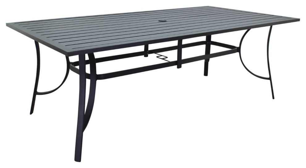 Rectangle Outdoor Dining Table  Slatted Aluminum Top With Umbrella Hole  Java   Transitional   Outdoor Dining Tables   by Decor Love  Houzz