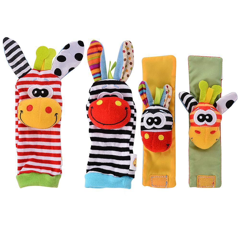 Baby Wrist Rattle Baby Socks Rattle， Baby Finder Animal Toys Set Soft Animal Toy (4 Pack)