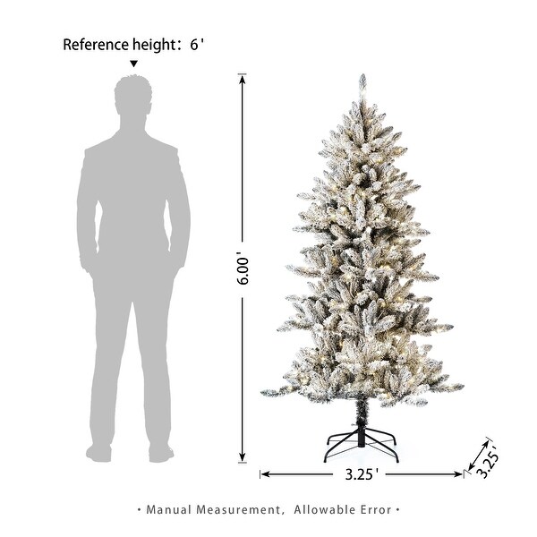 Glitzhome 6ft PreLit Flocked Artificial Pine/Fir Christmas Tree 300 Warm White Lights