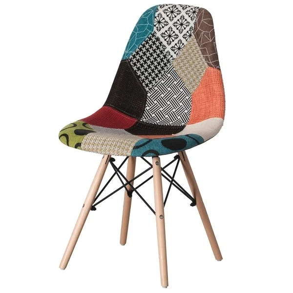 Modern Fabric Patchwork Chair with Wooden Legs for Kitchen, Dining Room, Entryway, Living Room