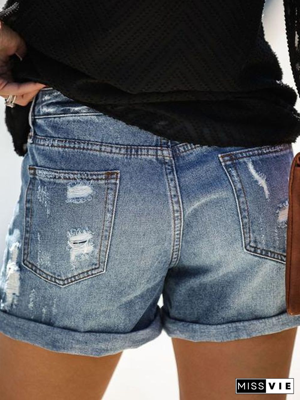 Denim Solid Hole Shorts