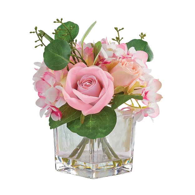 Collections Etc Rose And Hydrangea Artificial Floral Arrangement With Vase