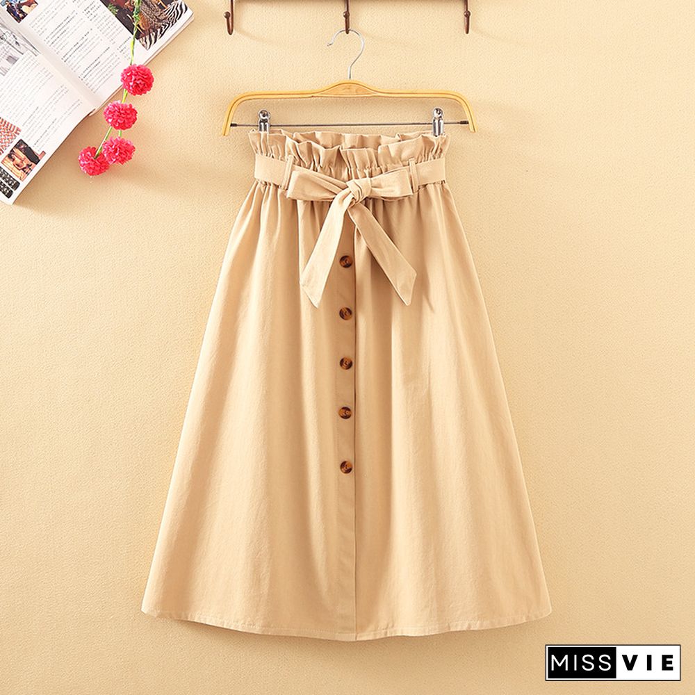 Summer Autumn Skirts Womens Midi Knee Length Korean Elegant Button High Waist Skirt Female Pleated School Skirt