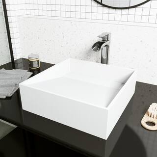 VIGO Starr Modern White Matte Stone 15 in. L x 15 in. W x 5 in. H Square Vessel Bathroom Sink VG04022