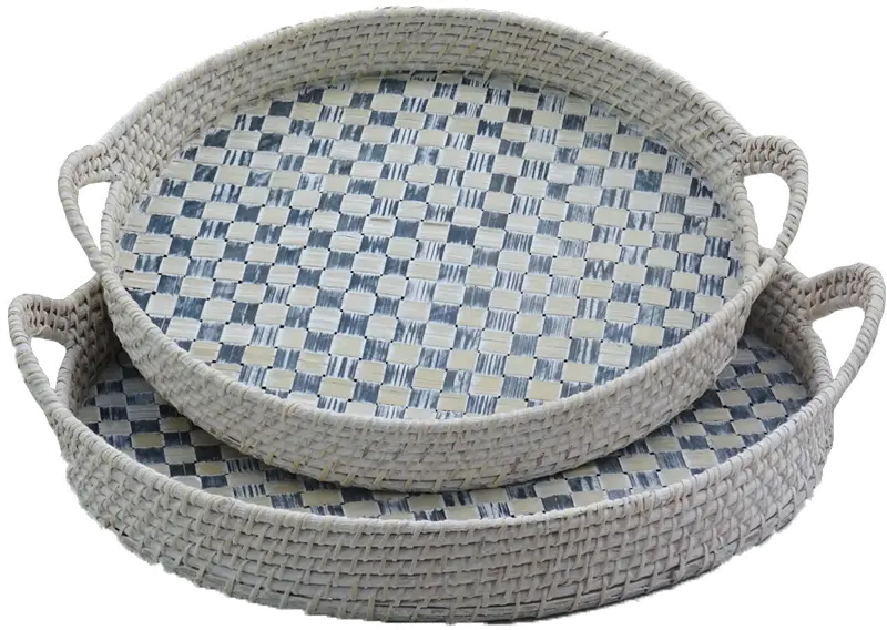 19 Inch Round Blue Rattan Tray with Pattern and Handles