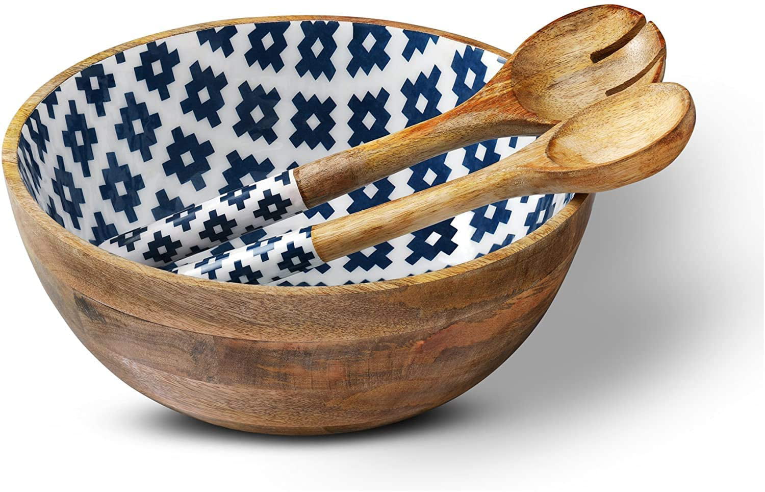 Folkulture Salad Bowl with Serving Tongs， 12x5 inches， Mango Wood， Geometric Blue