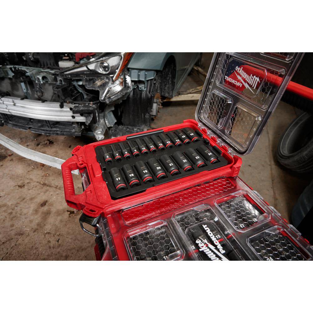 MW SHOCKWAVE Impact-Duty 38 in. Drive Metric Deep Well Impact PACKOUT Socket Set (19-Piece) 49-66-6801