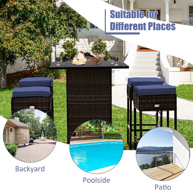 Costway 5pcs Patio Rattan Bar Table Stool Set Hidden Storage Shelf Cushioned