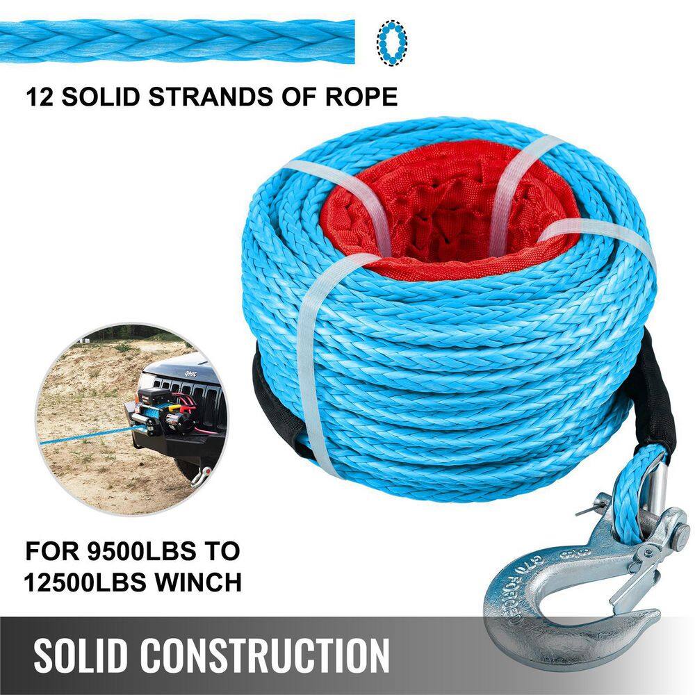 VEVOR Blue Synthetic Winch Rope 100 ft. x 38 in. Winch Line Cable with G70 Hook 18740 lbs. 12 Strands with Protective Sleeve JPS9.530MJPSBL001V0