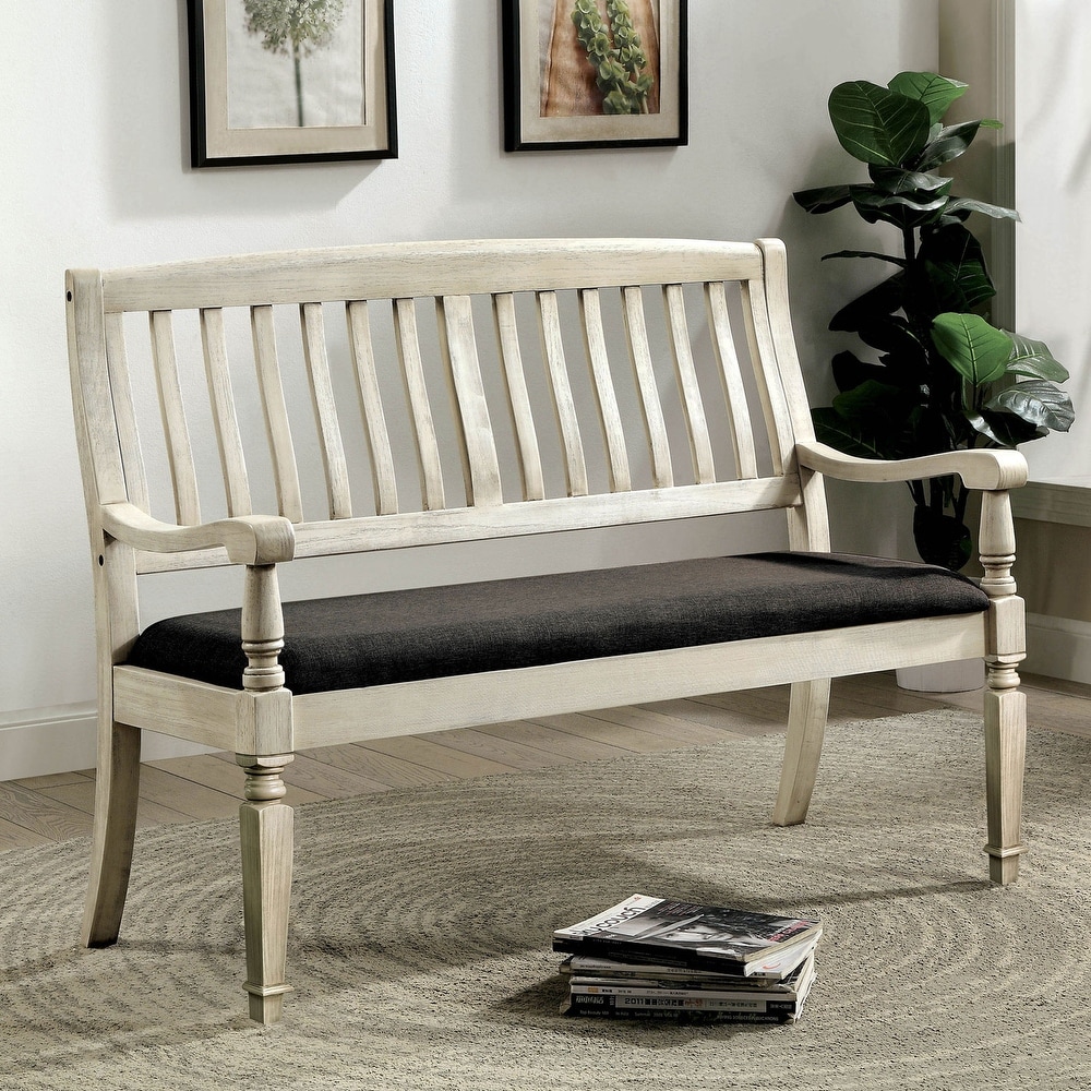 Padded Fabric Seat Bench in Antique White and Gray