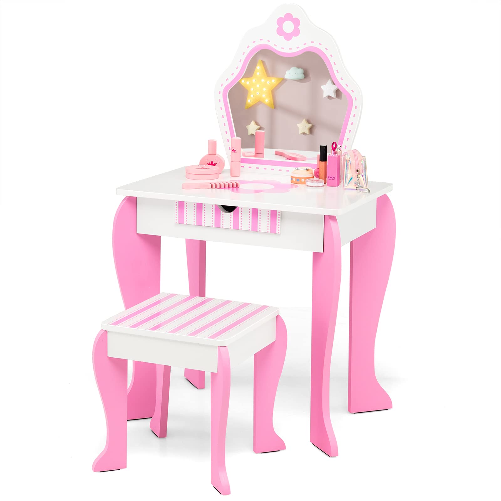 Costzon Kids Vanity, Girls Vanity Set with Mirror and Stool