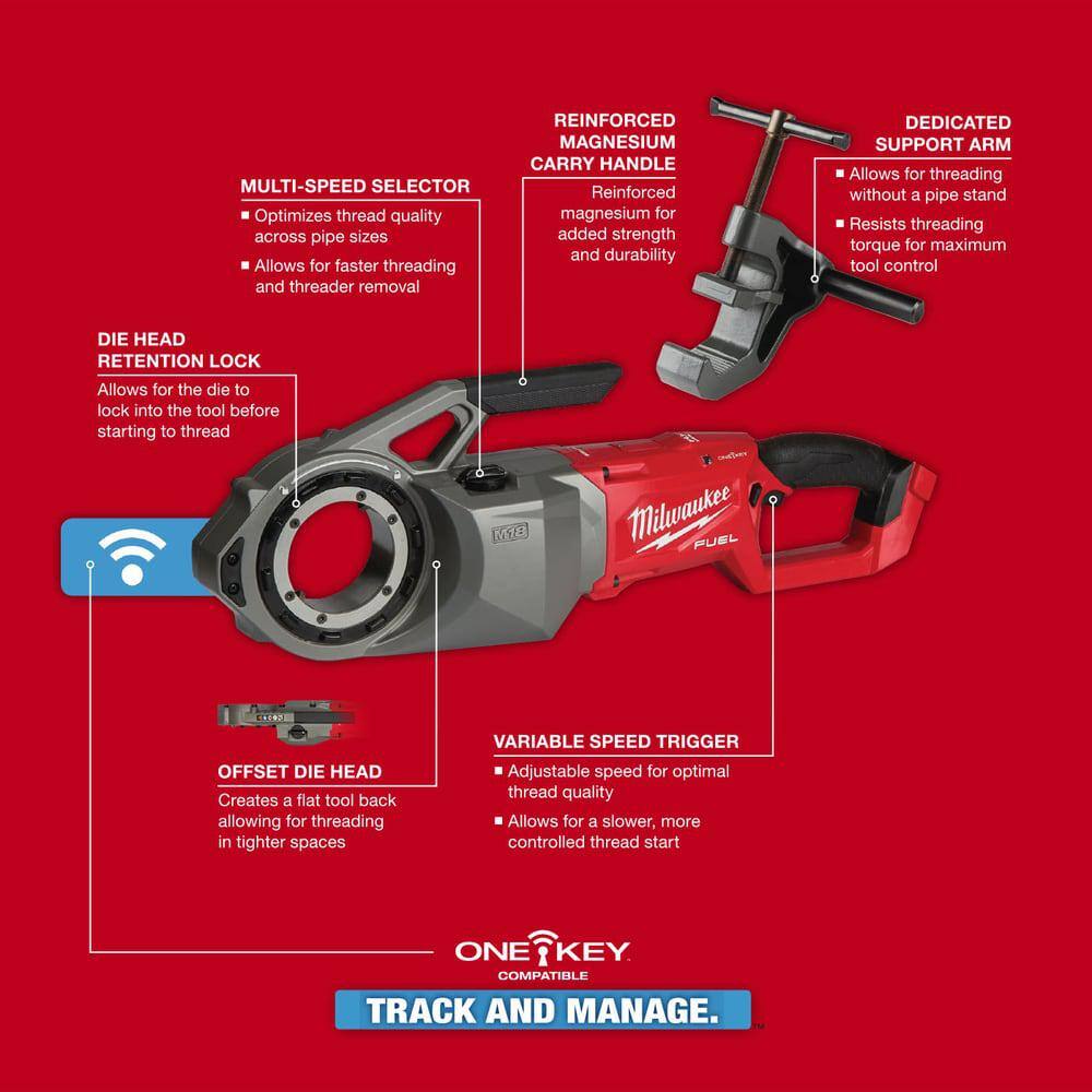 MW M18 Fuel One-Key Cordless Brushless Pipe Threader Kit with Portable Leveling Tripod Chain Vise Stand 2874-22HD-48-22-8690