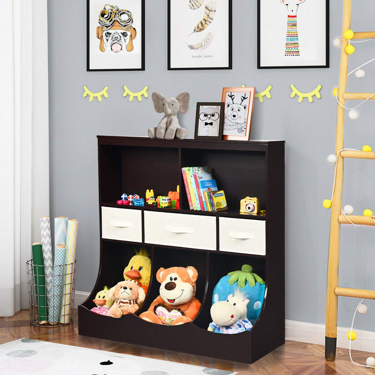 3-Tier Kids Bookcase Toddler Storage Organizer Cabinet Shelf w/ 8 Compartment Box and 3 Removable Drawers for Children