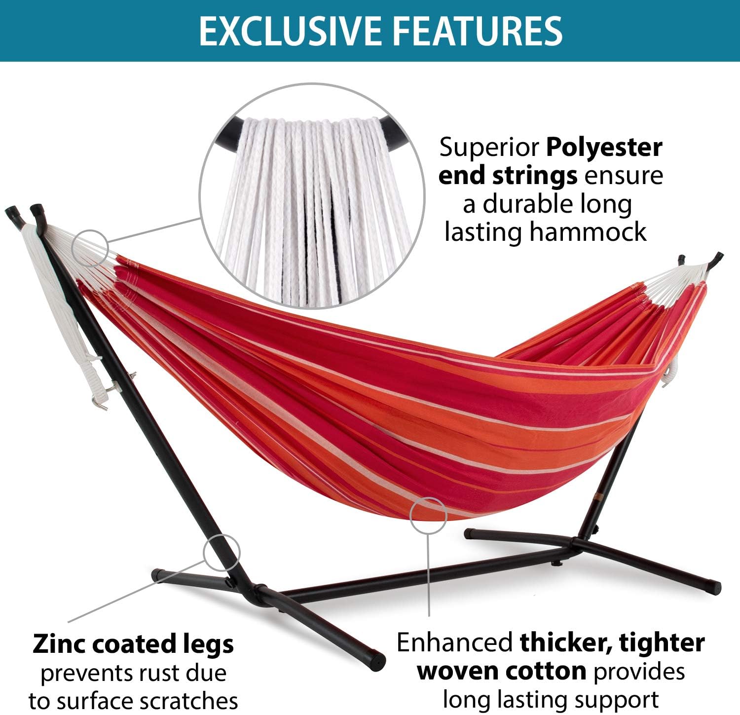 Double Cotton Hammock with Space Saving Steel Stand, Tropical (450 lb Capacity - Premium Carry Bag Included)