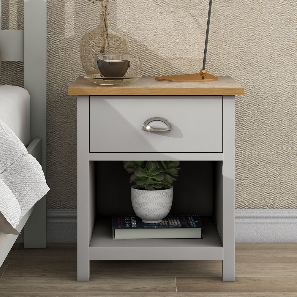 Elegant Solid Wood 1 Drawer Nightstand Side Table End Table Bedside Table with Oak Top for Living Room Bedroom  Gray