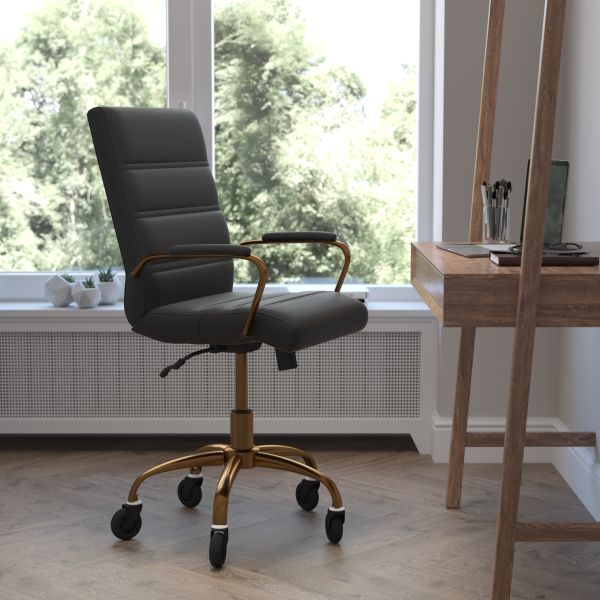 Camilia Mid-Back Black LeatherSoft Executive Swivel Office Chair with Gold Frame， Arms， and Transparent Roller Wheels