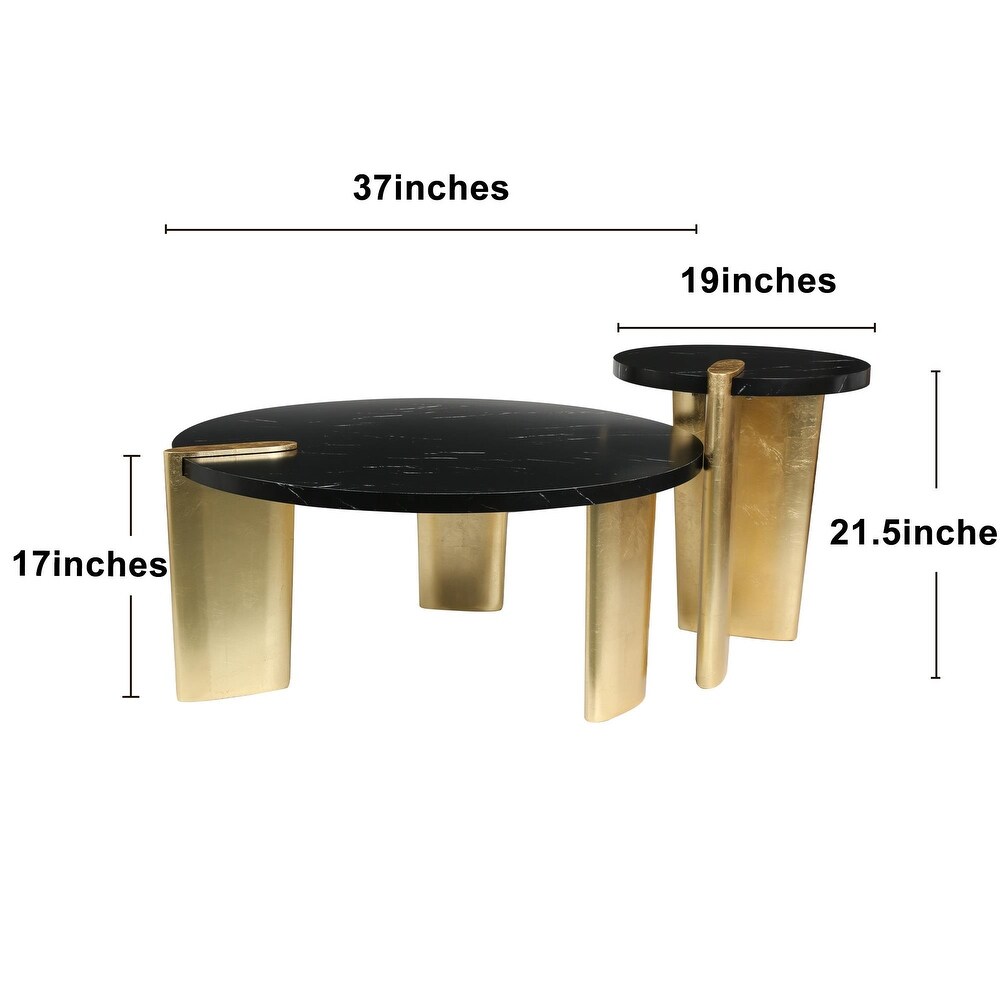 Modern Black Round Coffee Table Set Cocktail Table with Marble Table Top   37''D x 17\