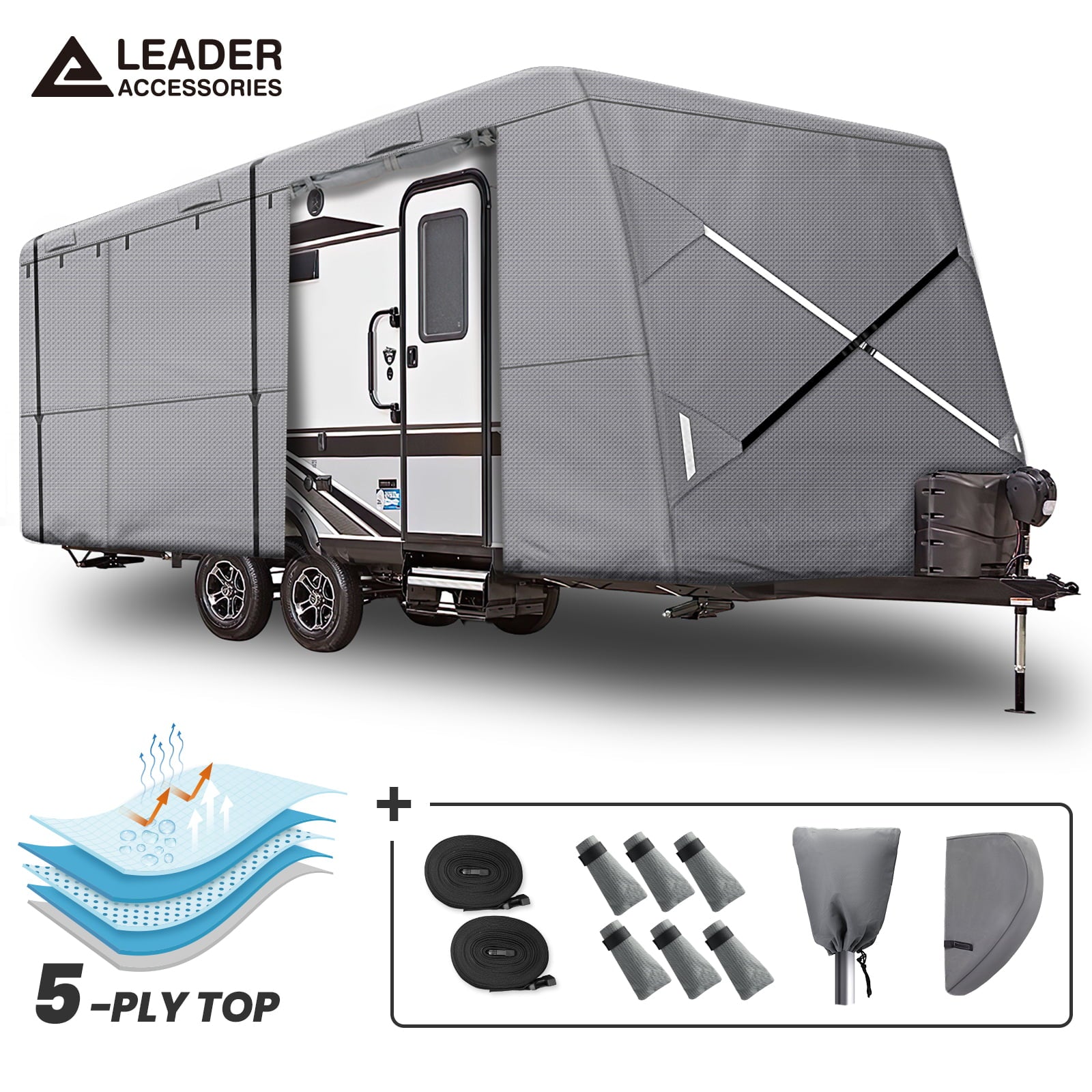 Leader Accessories XtraBrella Travel Trailer RV Cover Windproof Extra Thick Upgraded 5 Layers Camper Cover with Adhesive Repair Patches， 14'-16'