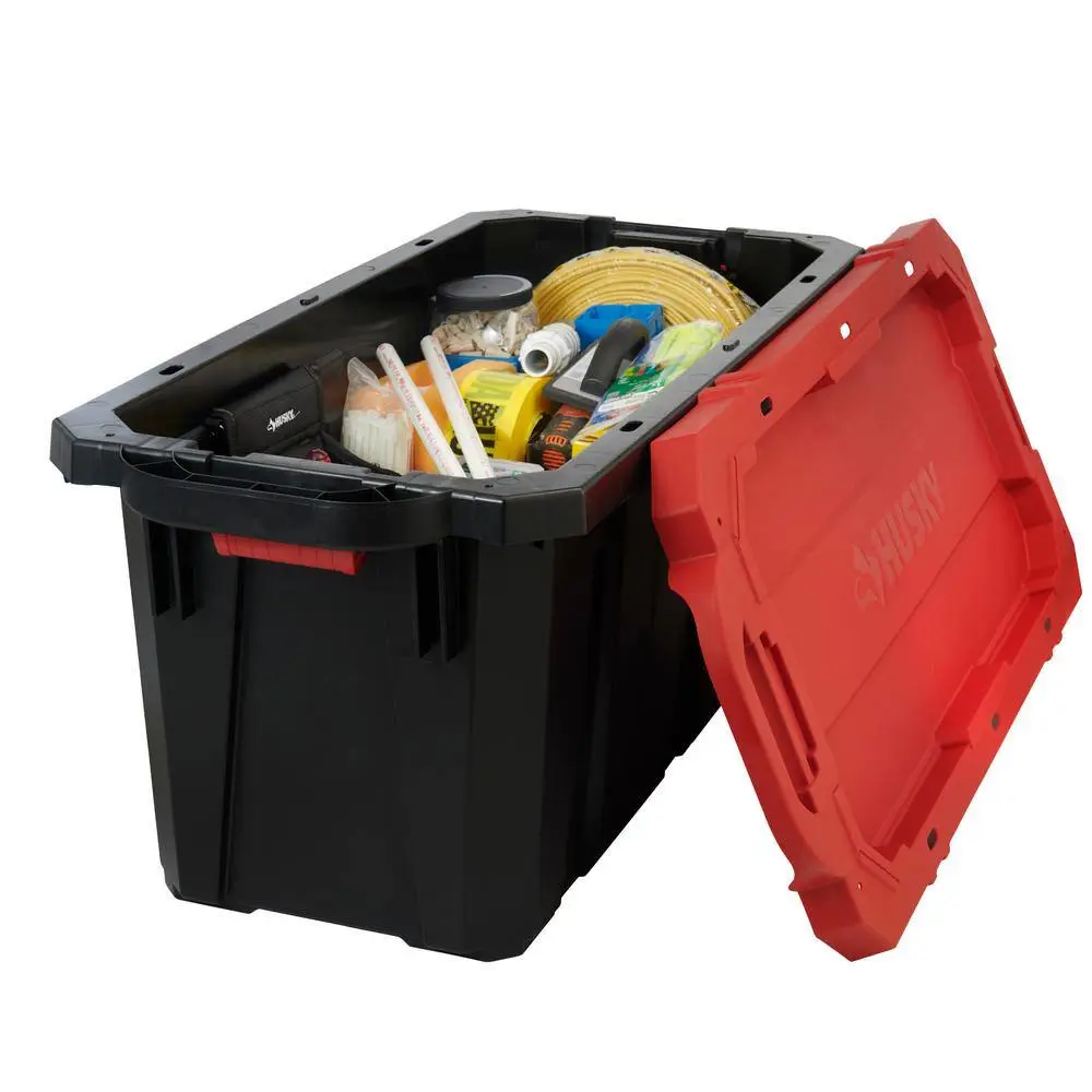 Husky 45 Gal. Latch and Stack Tote with Wheels in Black with Red Lid 206201