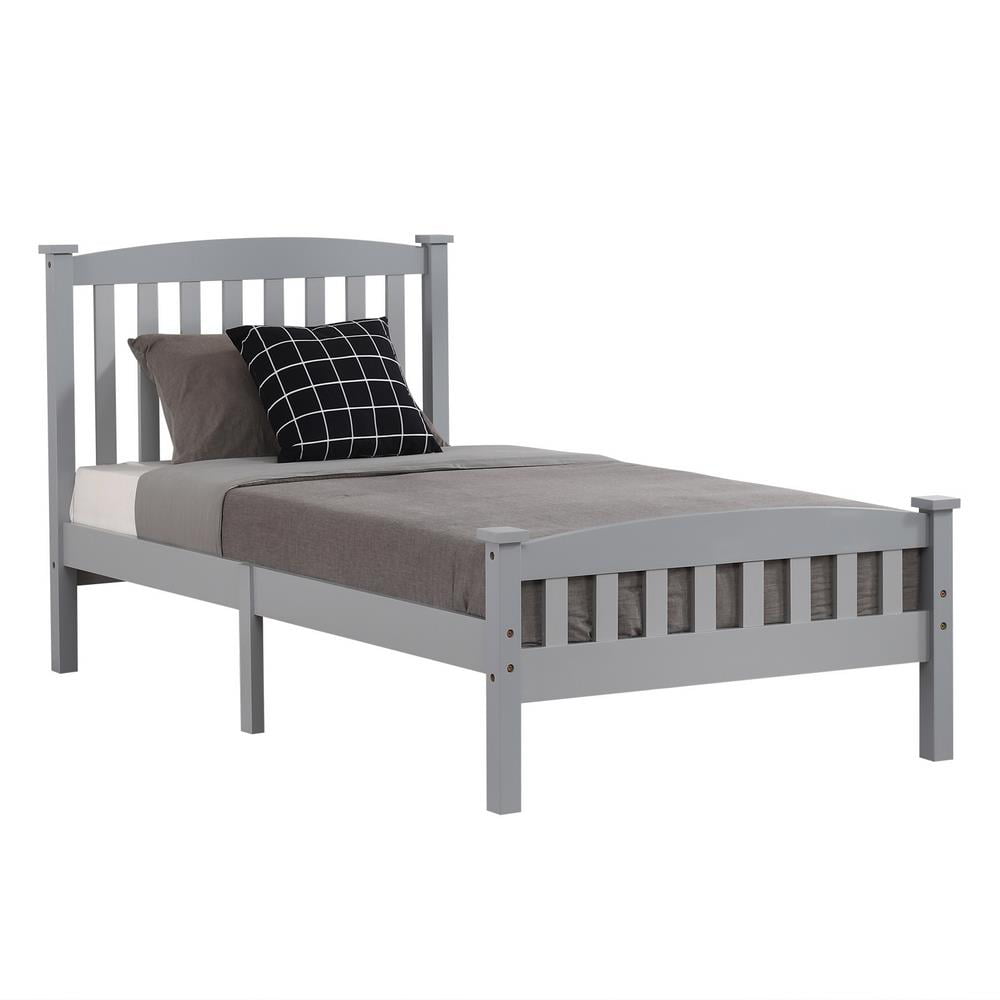 Ktaxon Twin Bed Frame,Solid Pine Wood Kids Twin Platform Bed Frame, Bedroom Twin Bed with Headboard for Adults, Gray, 78.94âL*42.44âW*39.17âH