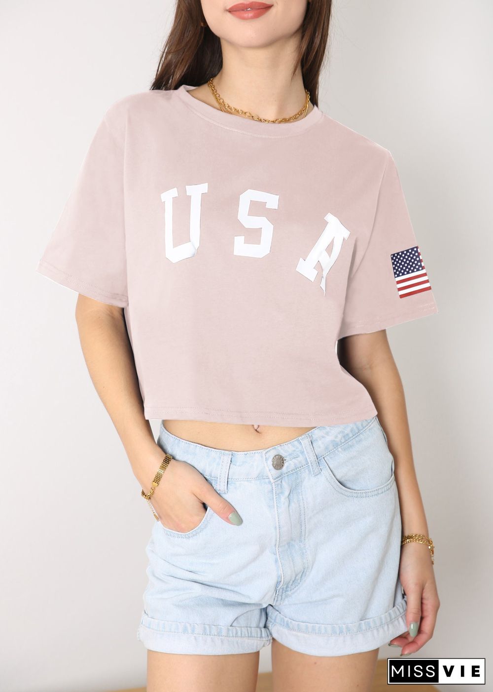 Anna-Kaci Women's Letter Print Crop Top Short Sleeve July 4th USA Flag T-Shirt