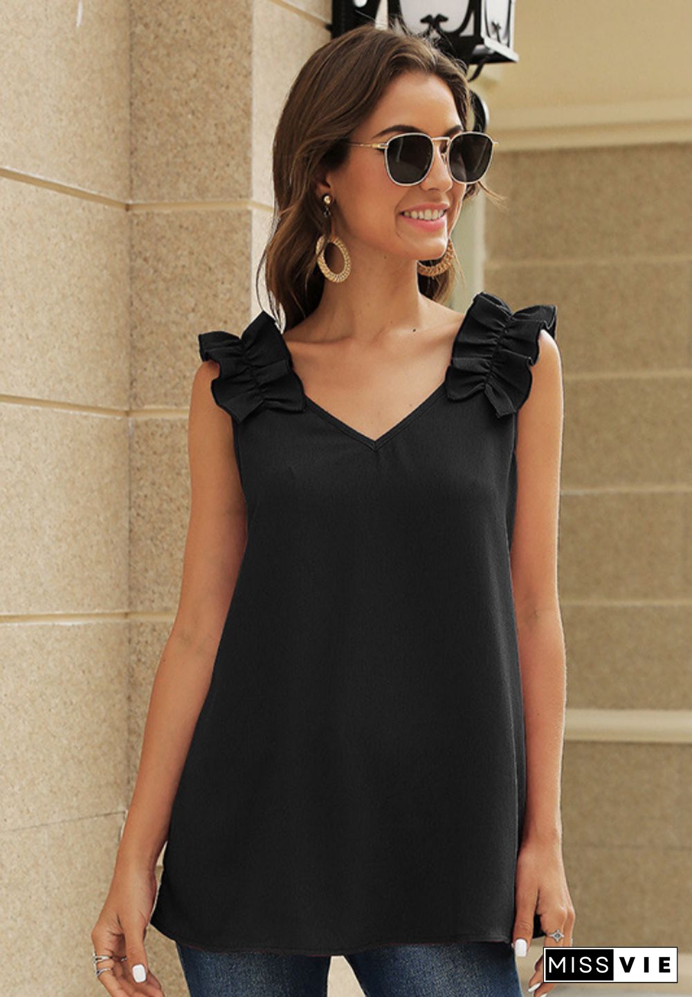 Black Solid V Neck Ruffled Shoulder Tank Top