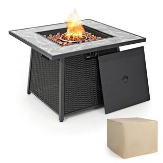 Costway 35 in. Propane Gas Fire Pit Table Patio PE Wicker Rattan wLava Rocks PVC Cover NP10262DK